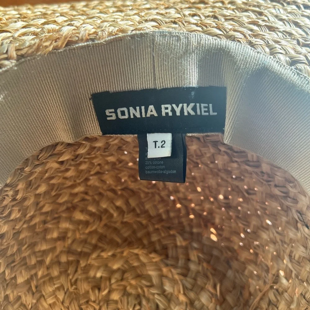 Sonia Rykiel straw hat with stripe bow *flaw* tan beige multicolor vintage y2k